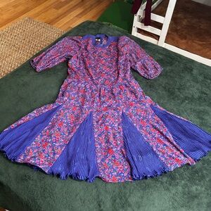 Vintage 80’s Diane Fres Georgette Dress Mixed Media floral polka dot pleated -